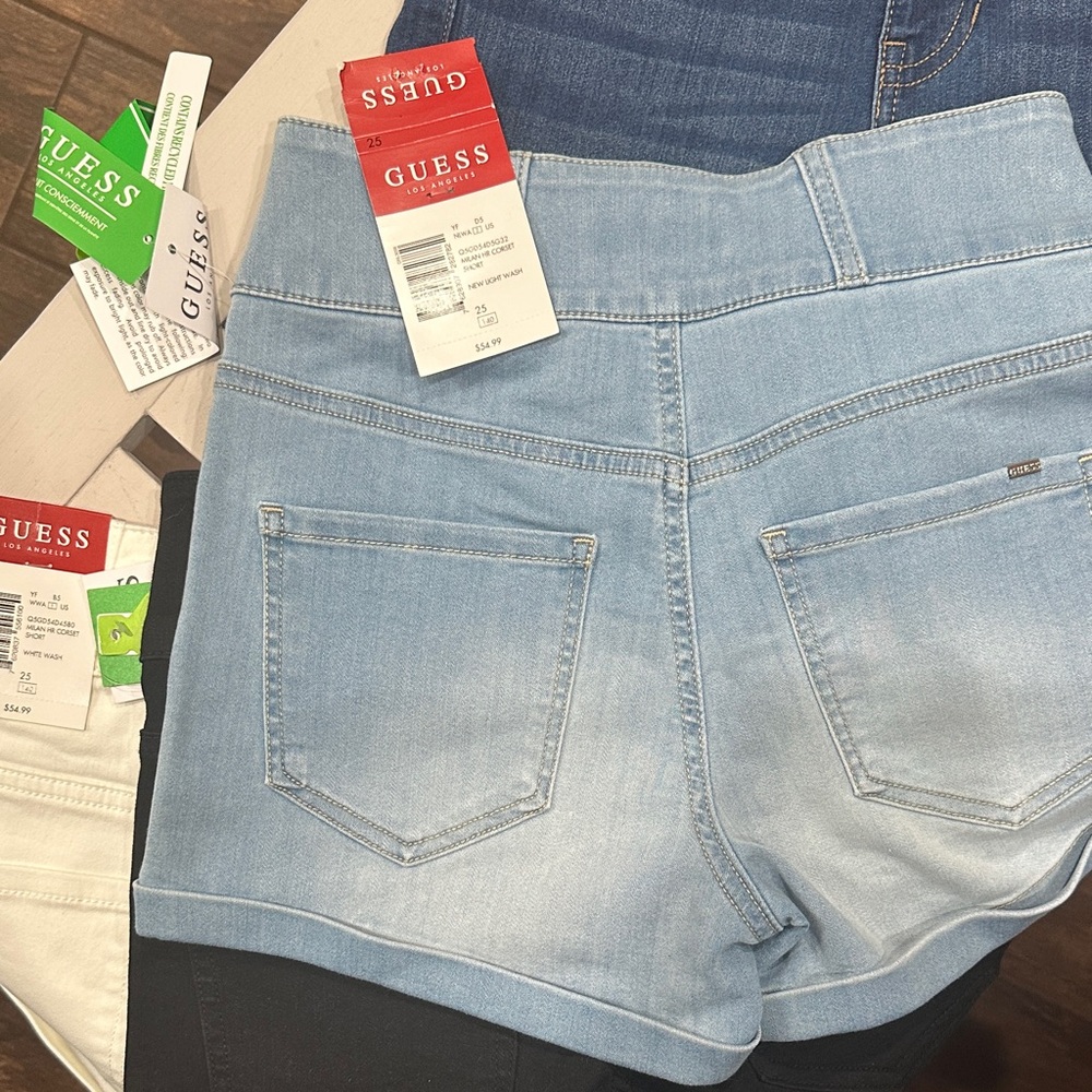 Guess Women's High Waist Shorts - Denim, Light Denim, Black, White - Picture 4 of 5